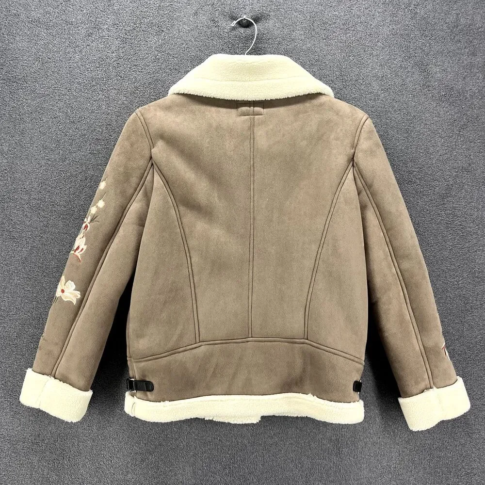 DRIFTWOOD Jacket womens Small faux suede beige embroidered sleeves Fleece lined - Picture 2 of 16